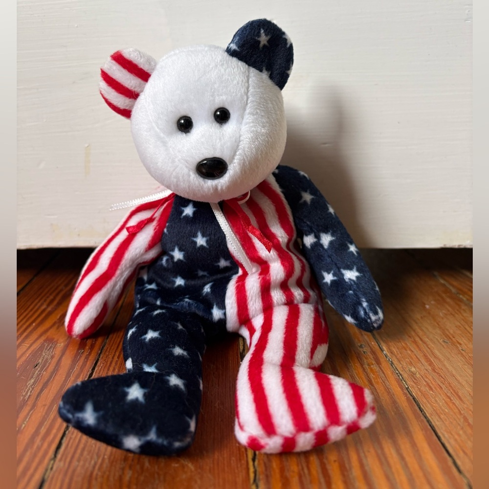 Ty Beanie Baby- Spangle- Patriotic Star & Stripe Plush Bear - Red, White & Blue